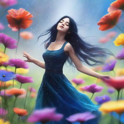 A digital art image of a captivating girl with long, black hair dancing elegantly in a field of vibrant flowers under a gentle rain