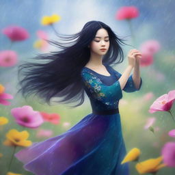 A digital art image of a captivating girl with long, black hair dancing elegantly in a field of vibrant flowers under a gentle rain