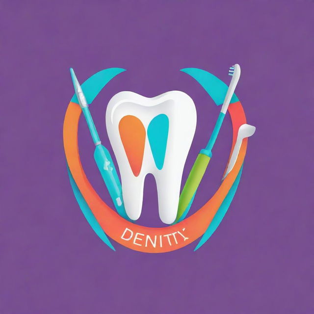 A professional, clean dentist's logo featuring a tooth, dental tools, and vibrant colors.