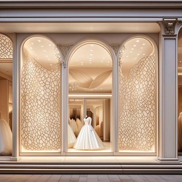 Refine storefront for 'Lace and Satin Bridal', dimensions of 11 meters width and 1.9 meters height, adorned with elegantly shaped cladding for a luxurious wedding dress boutique appeal.