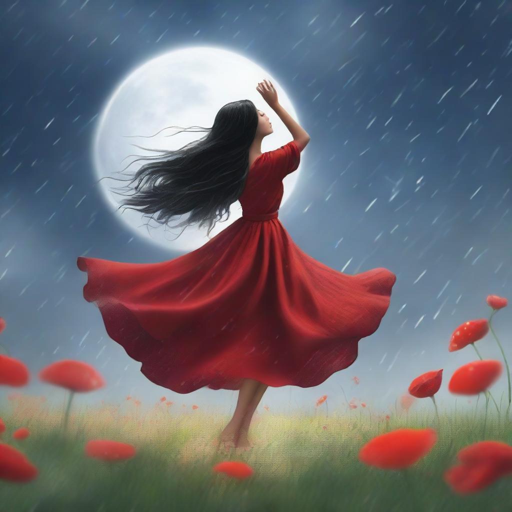 This high-quality digital art showcases a beautiful girl with long black hair, dressed in a red frock, dancing in a field of flowers under a heavy rain