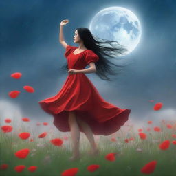 This high-quality digital art showcases a beautiful girl with long black hair, dressed in a red frock, dancing in a field of flowers under a heavy rain