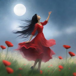 This high-quality digital art showcases a beautiful girl with long black hair, dressed in a red frock, dancing in a field of flowers under a heavy rain