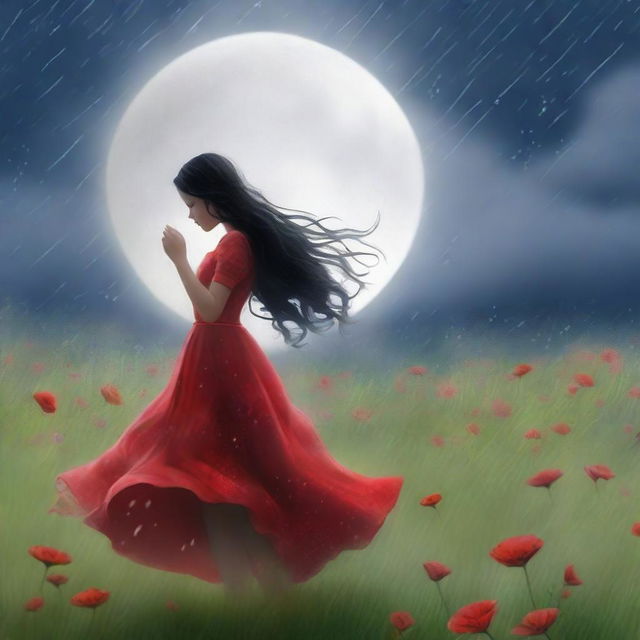 This high-quality digital art showcases a beautiful girl with long black hair, dressed in a red frock, dancing in a field of flowers under a heavy rain