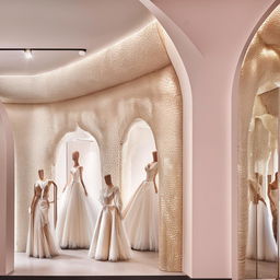 Refine storefront for 'Lace and Satin Bridal', dimensions of 11 meters width and 1.9 meters height, adorned with elegantly shaped cladding for a luxurious wedding dress boutique appeal.