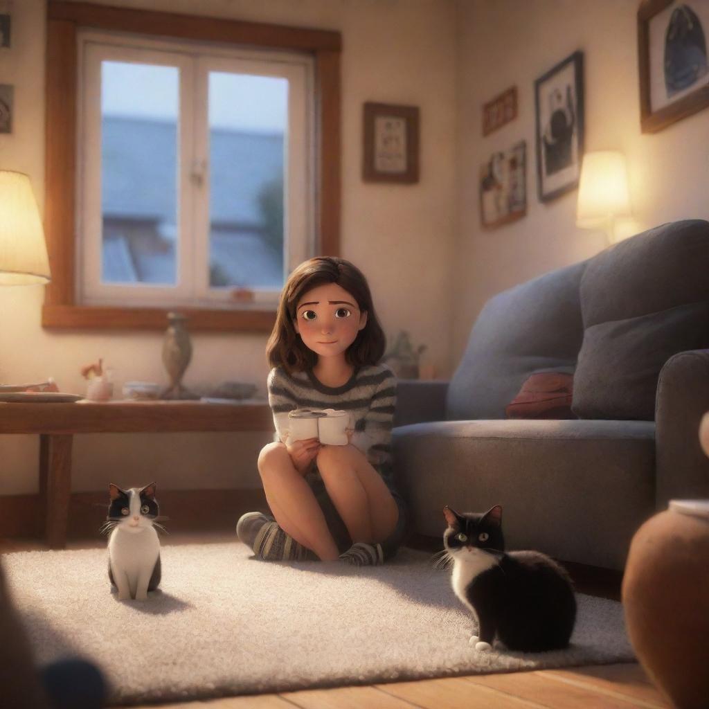 A Disney Pixar-inspired scene featuring a brunette girl and her black and white cat in a cozy, warm environment.