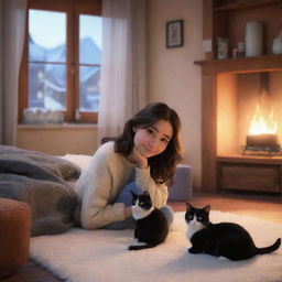 A Disney Pixar-inspired scene featuring a brunette girl and her black and white cat in a cozy, warm environment.