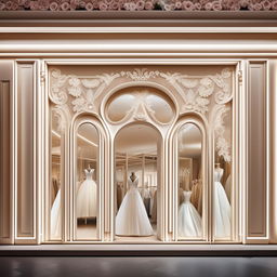 Refine storefront for 'Lace and Satin Bridal', dimensions of 11 meters width and 1.9 meters height, adorned with elegantly shaped cladding for a luxurious wedding dress boutique appeal.