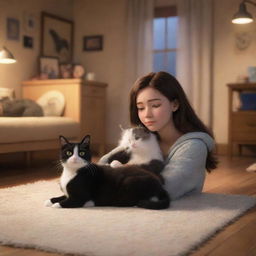 A Disney Pixar-inspired scene featuring a brunette girl and her black and white cat in a cozy, warm environment.