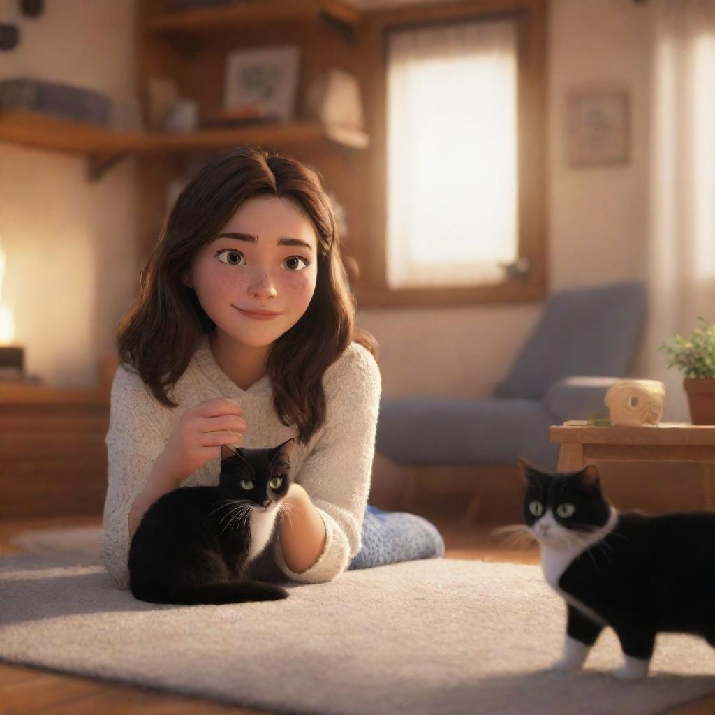 A Disney Pixar-inspired scene featuring a brunette girl and her black and white cat in a cozy, warm environment.