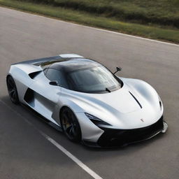 An aerodynamic hypercar with sleek, curvy lines and an elongated front, hinting at immense power under the hood