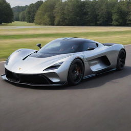 An aerodynamic hypercar with sleek, curvy lines and an elongated front, hinting at immense power under the hood