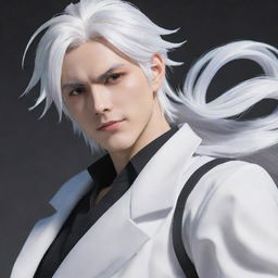 A dynamic anime-style male character with vivid white hair.