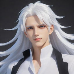 A dynamic anime-style male character with vivid white hair.