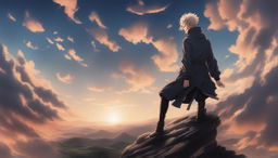 This high-quality digital art image, drawn in the style of the anime series Jujutsu Kaisen, cinematically portrays a 'Transcendent Man' standing atop a hill