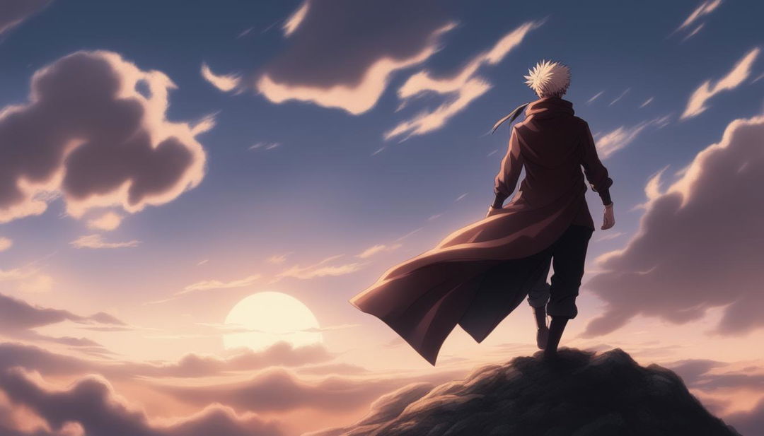 This high-quality digital art image, drawn in the style of the anime series Jujutsu Kaisen, cinematically portrays a 'Transcendent Man' standing atop a hill