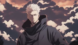 This high-quality digital art image, drawn in the style of the anime series Jujutsu Kaisen, cinematically portrays a 'Transcendent Man' standing atop a hill