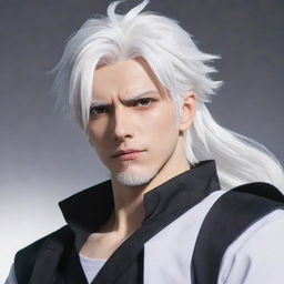 A dynamic anime-style male character with vivid white hair.