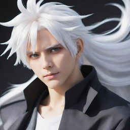 A dynamic anime-style male character with vivid white hair.