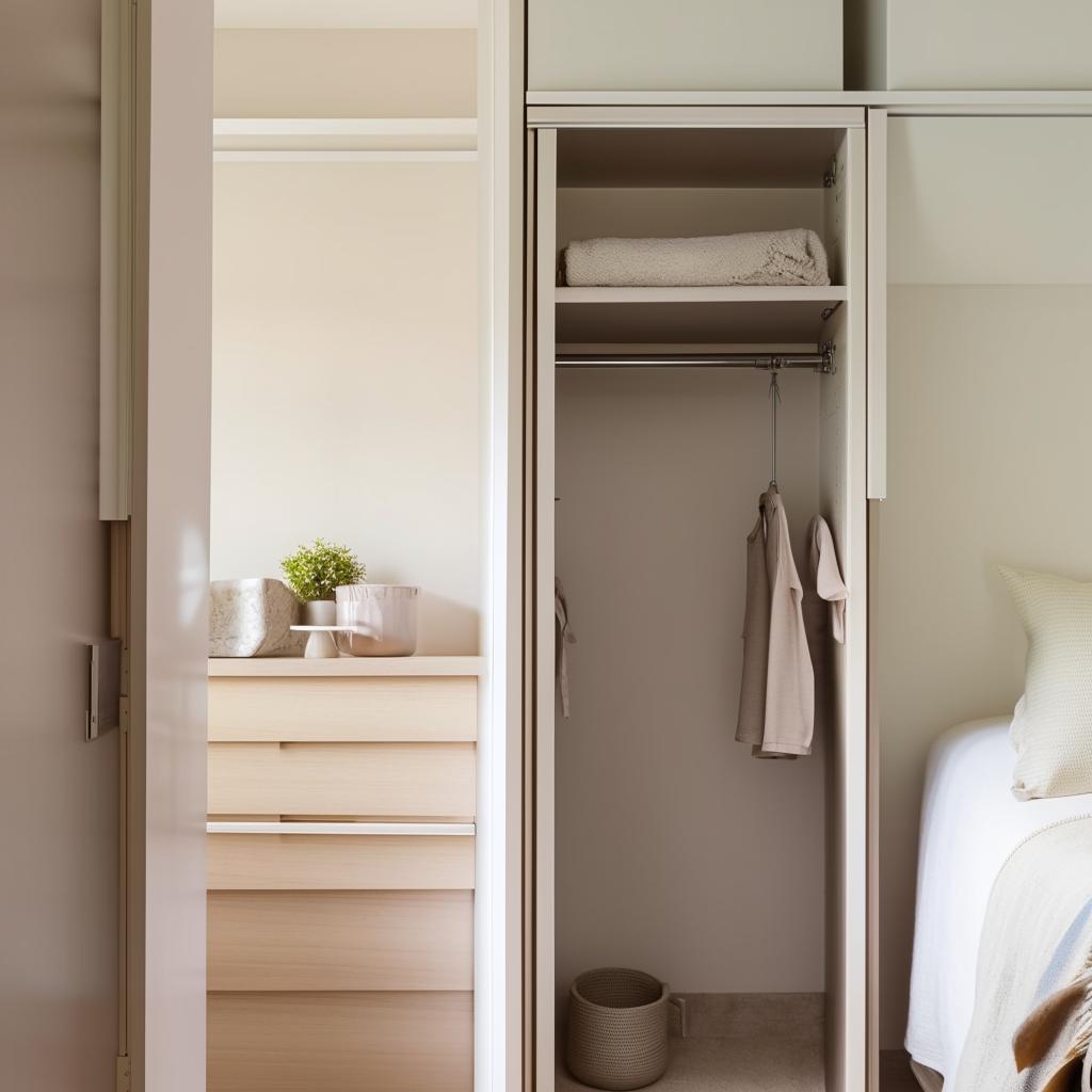 Minimalist, functional closet in a small bedroom with clever storage solutions, natural light, and soft color palette