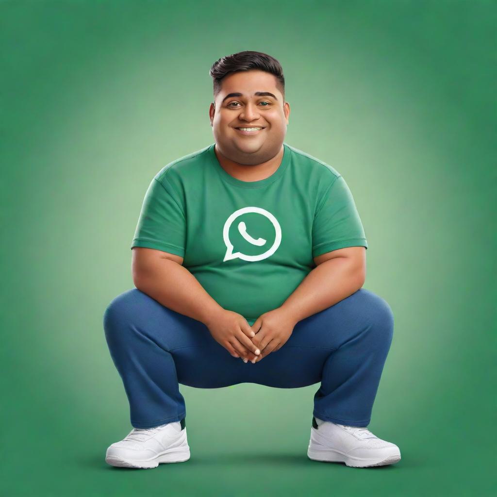 Generate an illustration of a chunky, animated Indian man character sitting leisurely on a WhatsApp logo, wearing contemporary attire. He's clad in pants, a T-shirt, and sneakers. The background mimics his personal WhatsApp view.