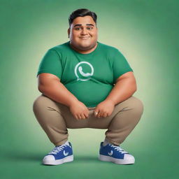 Generate an illustration of a chunky, animated Indian man character sitting leisurely on a WhatsApp logo, wearing contemporary attire. He's clad in pants, a T-shirt, and sneakers. The background mimics his personal WhatsApp view.