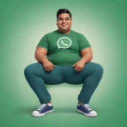 Generate an illustration of a chunky, animated Indian man character sitting leisurely on a WhatsApp logo, wearing contemporary attire. He's clad in pants, a T-shirt, and sneakers. The background mimics his personal WhatsApp view.