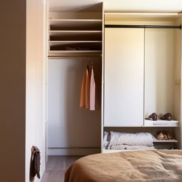 Minimalist, functional closet in a small bedroom with clever storage solutions, natural light, and soft color palette