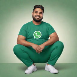 Generate an illustration of a chunky, animated Indian man character sitting leisurely on a WhatsApp logo, wearing contemporary attire. He's clad in pants, a T-shirt, and sneakers. The background mimics his personal WhatsApp view.