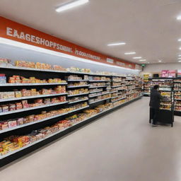 A modern style, brightly lit EazyShop. Display shelves full of various products with clear price labels. Check-out counters at the front, shopping carts lined up at the entrance, and busy shoppers browsing