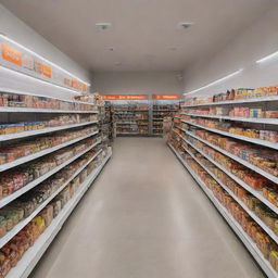 A modern style, brightly lit EazyShop. Display shelves full of various products with clear price labels. Check-out counters at the front, shopping carts lined up at the entrance, and busy shoppers browsing