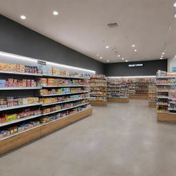 A modern style, brightly lit EazyShop. Display shelves full of various products with clear price labels. Check-out counters at the front, shopping carts lined up at the entrance, and busy shoppers browsing