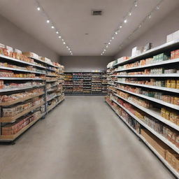 A modern style, brightly lit EazyShop. Display shelves full of various products with clear price labels. Check-out counters at the front, shopping carts lined up at the entrance, and busy shoppers browsing