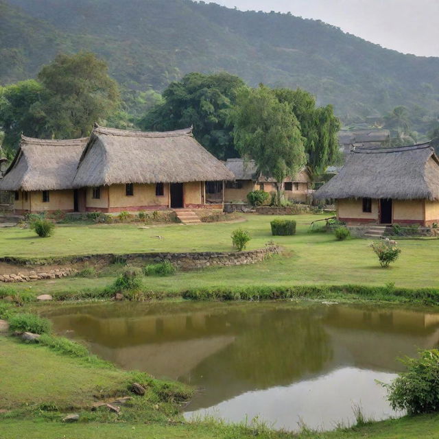 A picturesque Indian village with thatched cottages, expansive farmlands, a serene pond, and vibrant community activity