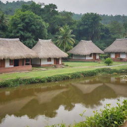 A picturesque Indian village with thatched cottages, expansive farmlands, a serene pond, and vibrant community activity