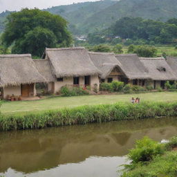 A picturesque Indian village with thatched cottages, expansive farmlands, a serene pond, and vibrant community activity