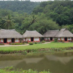 A picturesque Indian village with thatched cottages, expansive farmlands, a serene pond, and vibrant community activity