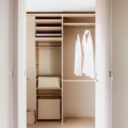 Minimalist, functional closet in a small bedroom with clever storage solutions, natural light, and soft color palette