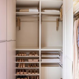 Minimalist, functional closet in a small bedroom with clever storage solutions, natural light, and soft color palette