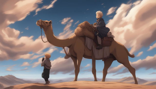 This high-quality digital art image, drawn in the style of the anime series Jujutsu Kaisen, features a camel, a lion, and a child in a cinematic scene