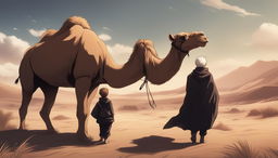 This high-quality digital art image, drawn in the style of the anime series Jujutsu Kaisen, features a camel, a lion, and a child in a cinematic scene