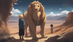 This high-quality digital art image, drawn in the style of the anime series Jujutsu Kaisen, features a camel, a lion, and a child in a cinematic scene