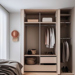 Small bedroom functional closet, dimensions 140 cm width, 270 cm height, 65 cm depth, maximized storage, modern design