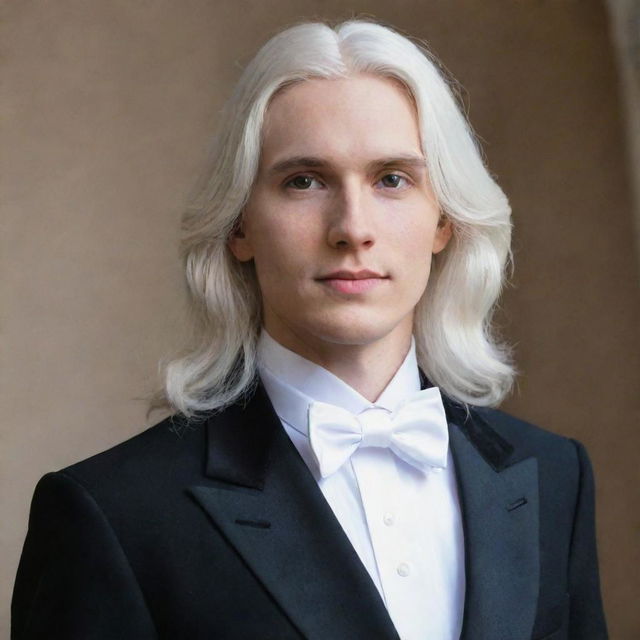 A young man with long white hair dressed in formal attire.