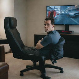 Henry Cavill sits in a modern gaming chair, intensely focused on a screen that shows a vivid, action-packed scene from Grand Theft Auto. The room around him is filled with gaming memorabilia.