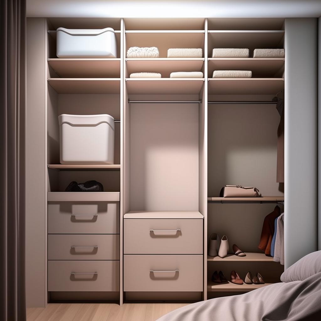 Small bedroom functional closet, dimensions 140 cm width, 270 cm height, 65 cm depth, maximized storage, modern design