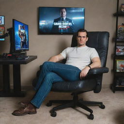 Henry Cavill sits in a modern gaming chair, intensely focused on a screen that shows a vivid, action-packed scene from Grand Theft Auto. The room around him is filled with gaming memorabilia.