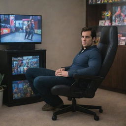 Henry Cavill sits in a modern gaming chair, intensely focused on a screen that shows a vivid, action-packed scene from Grand Theft Auto. The room around him is filled with gaming memorabilia.