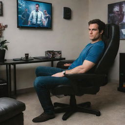 Henry Cavill sits in a modern gaming chair, intensely focused on a screen that shows a vivid, action-packed scene from Grand Theft Auto. The room around him is filled with gaming memorabilia.