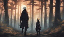 This high-quality digital art image, drawn in the style of the anime series Jujutsu Kaisen, cinematically portrays a lone traveler journeying through a dark, dense European forest